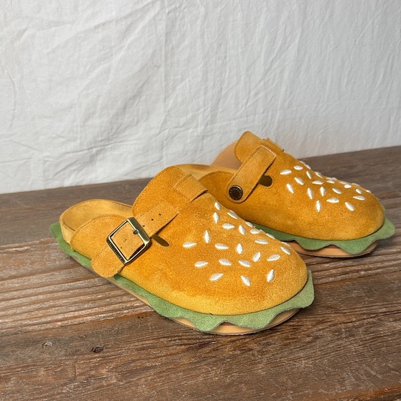 Other - BurgerStock Yellow Suede Burger Bun Clogs with Leaf Design